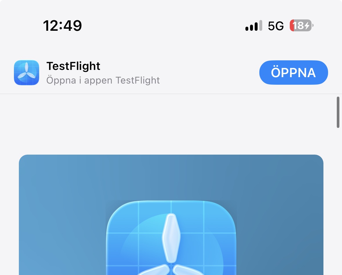 TestFlight-banner högst upp i webbläsaren med knappen Öppna