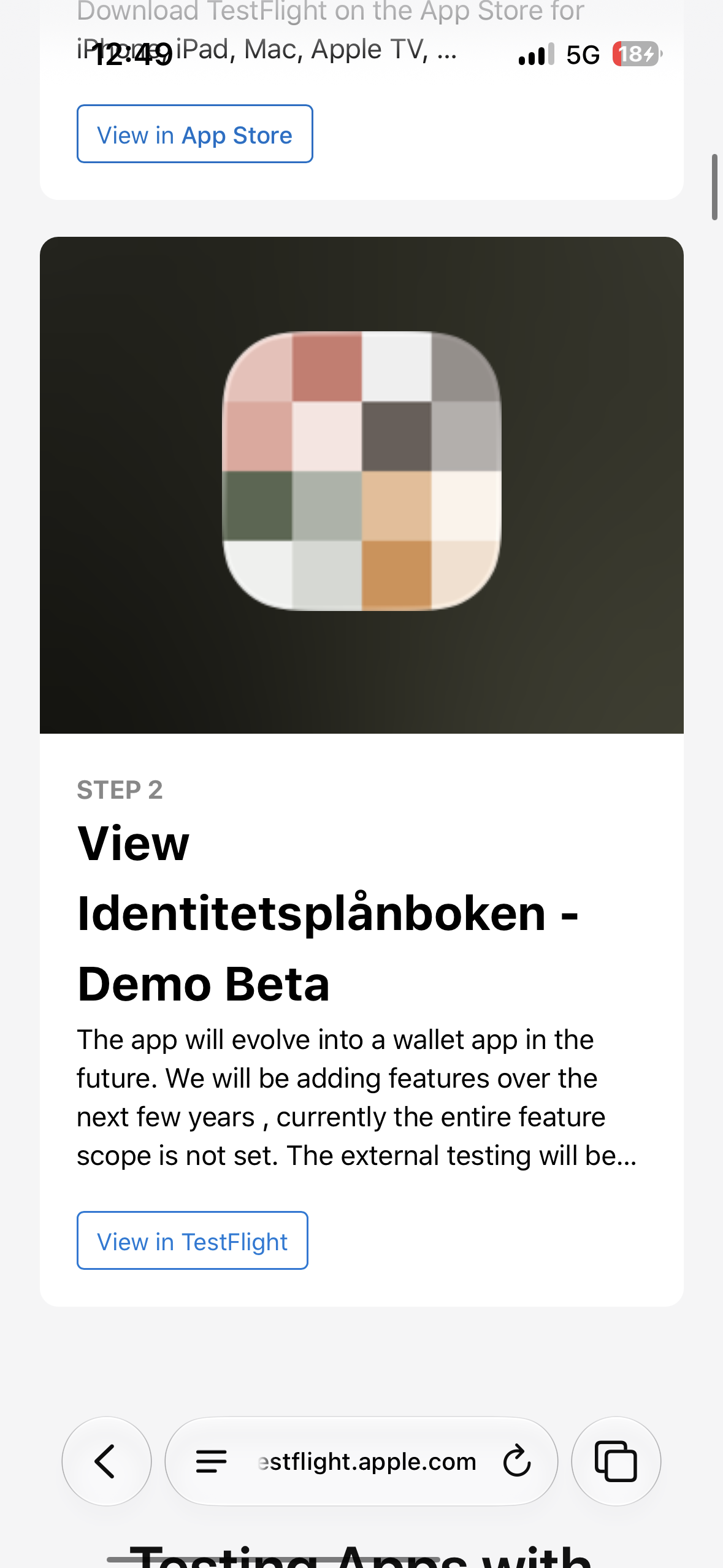 Sidan på testflight.apple.com som visar Identitetsplånboken - Demo Beta med knappen View in TestFlight